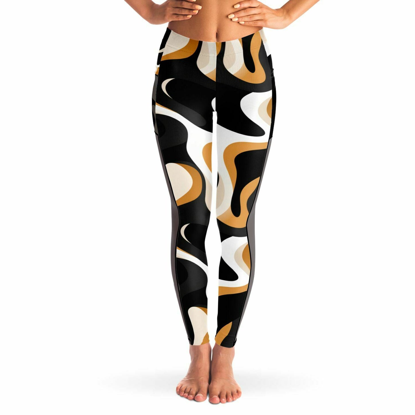 Earth-Tone Womens Yoga Pants, Abstract Black Women's Leggings Bold Lines and Fluid Movements