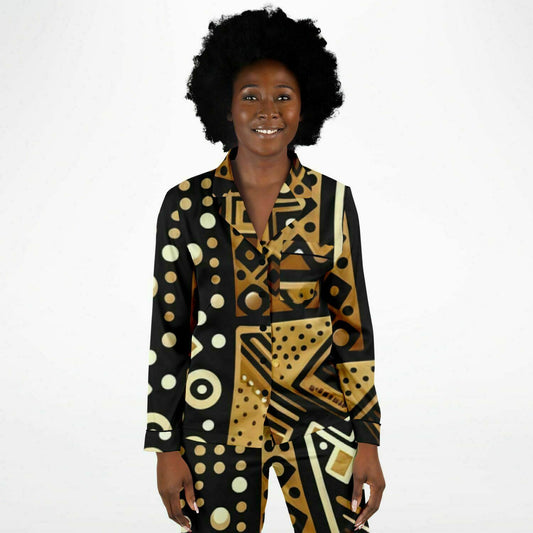 Gold & Black African Mud Cloth Print Women's Satin Pajamas, African Print luxury 2 Piece Pajama Set