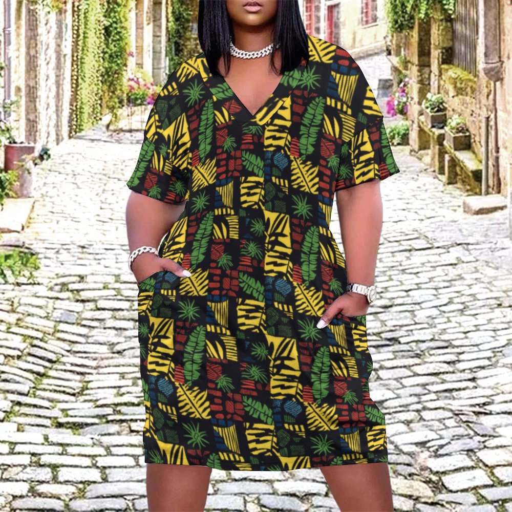 Plus Size African Print Women's Dress, Tropical Leaf & Drum Design