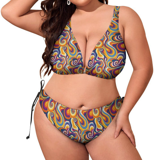 Plus Size Retro Swirl Halter Bikini Swimsuit - Vivid Abstract Patterned Beachwear