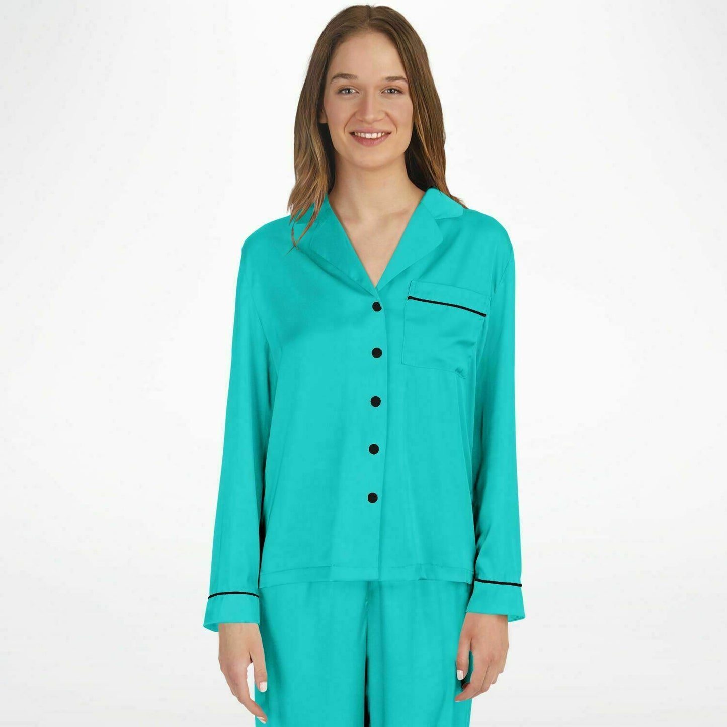 Women's Robin's Egg Luxury Satin Pajama Set with Black Piping, Tiffany Style Pajama Set