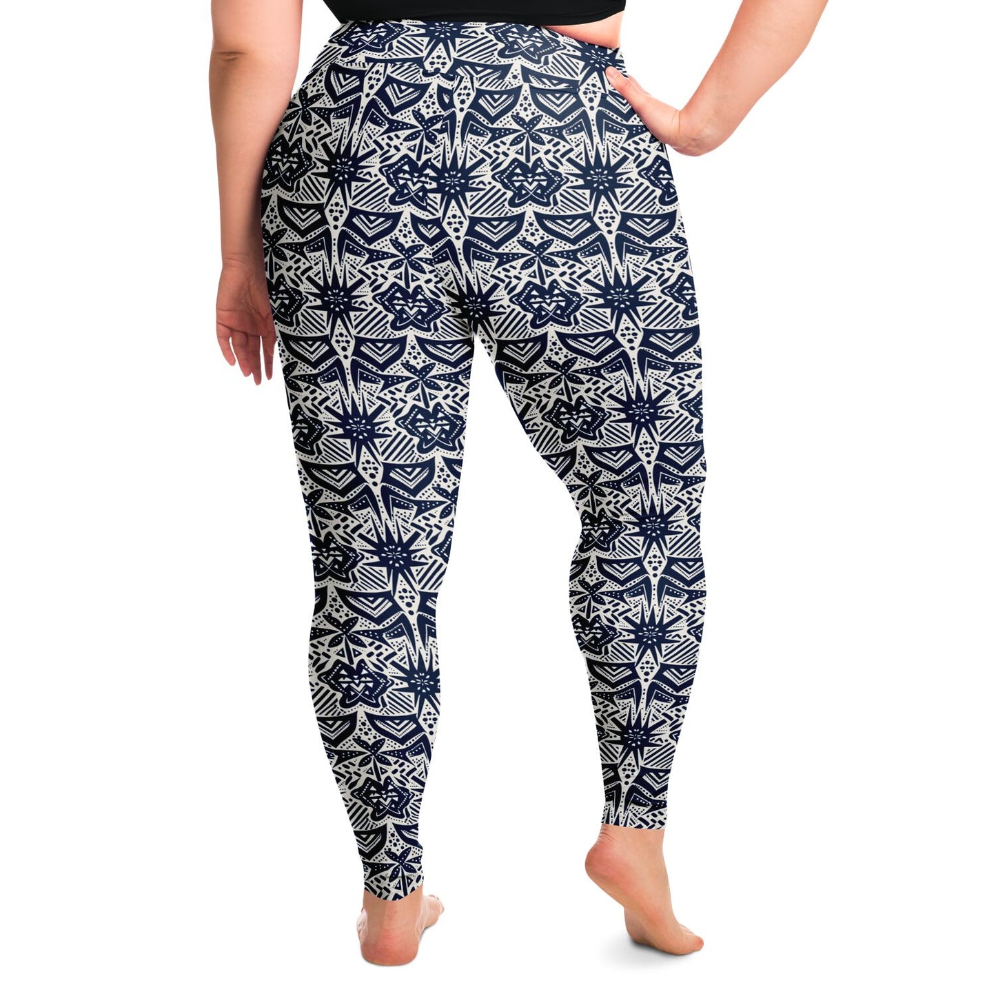 Blue & White African Mud Cloth Plus Size 2XL - 6XL Women's Leggings | Plus Size African Print Activewear | High Waistband Ethnic Yoga Pants