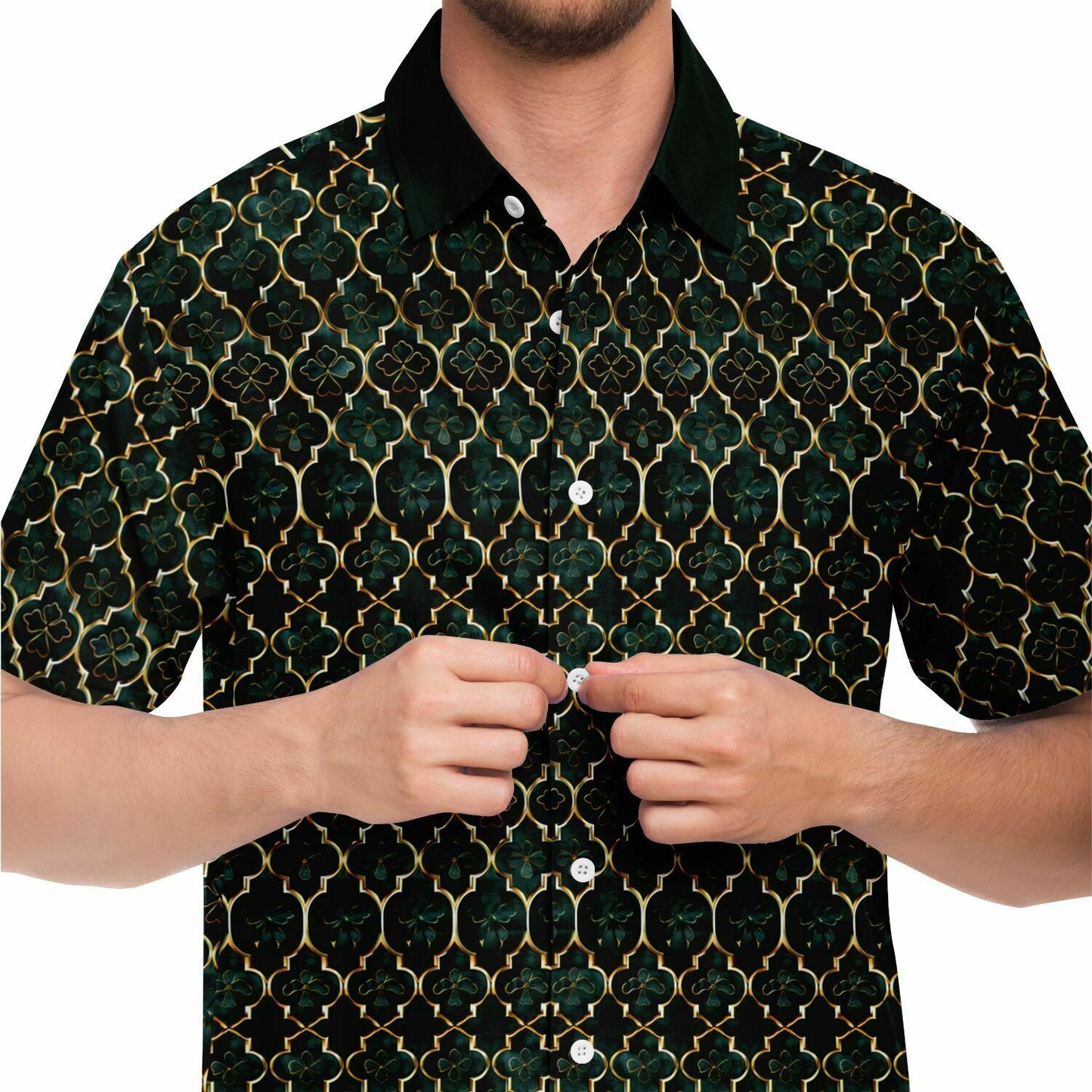 Emerald Elegance: Clover Mosaic Short Sleeve Button Down Shirt, Irish Themed Mens Patterned Dress Shirt