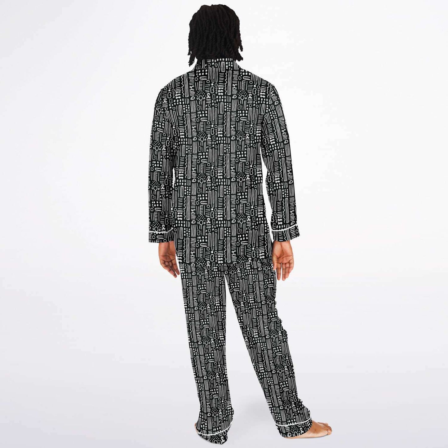 Black & White African Mud Cloth Men's Big and Tall Satin Pajama Set | Matching Tribal Print Family Pajamas