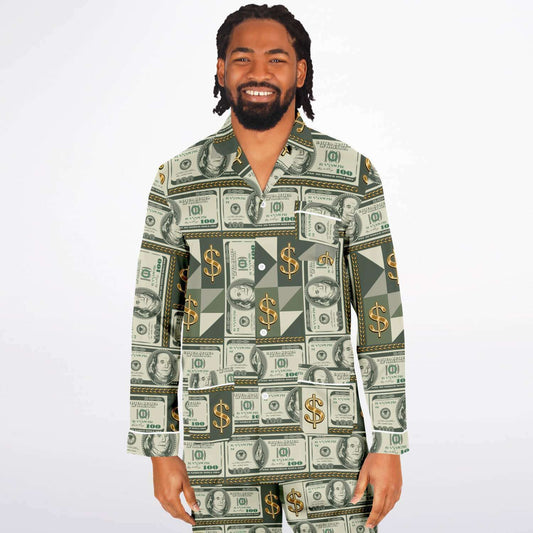 Money Manifestation Satin Luxury Pajamas for Men, Plus Size Money Print Mens Loungewear