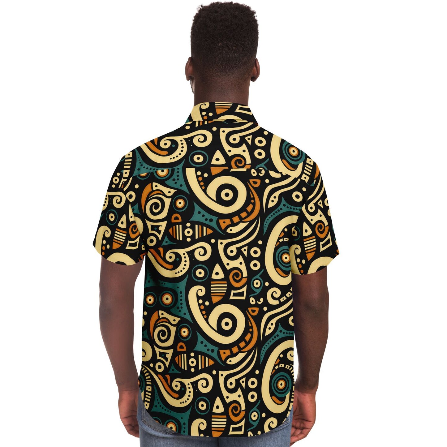 Afrocentric Art Print Short Sleeve Button Down Shirt, Teal & Burnt Sienna Retro Design