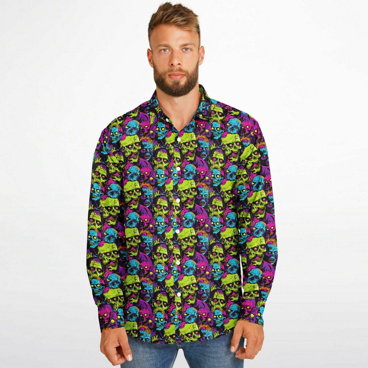 Bold Neon Zombie Horde Button Down Shirt, Comic Book Inspired Long Sleeve, Men’s Halloween Party Outfit