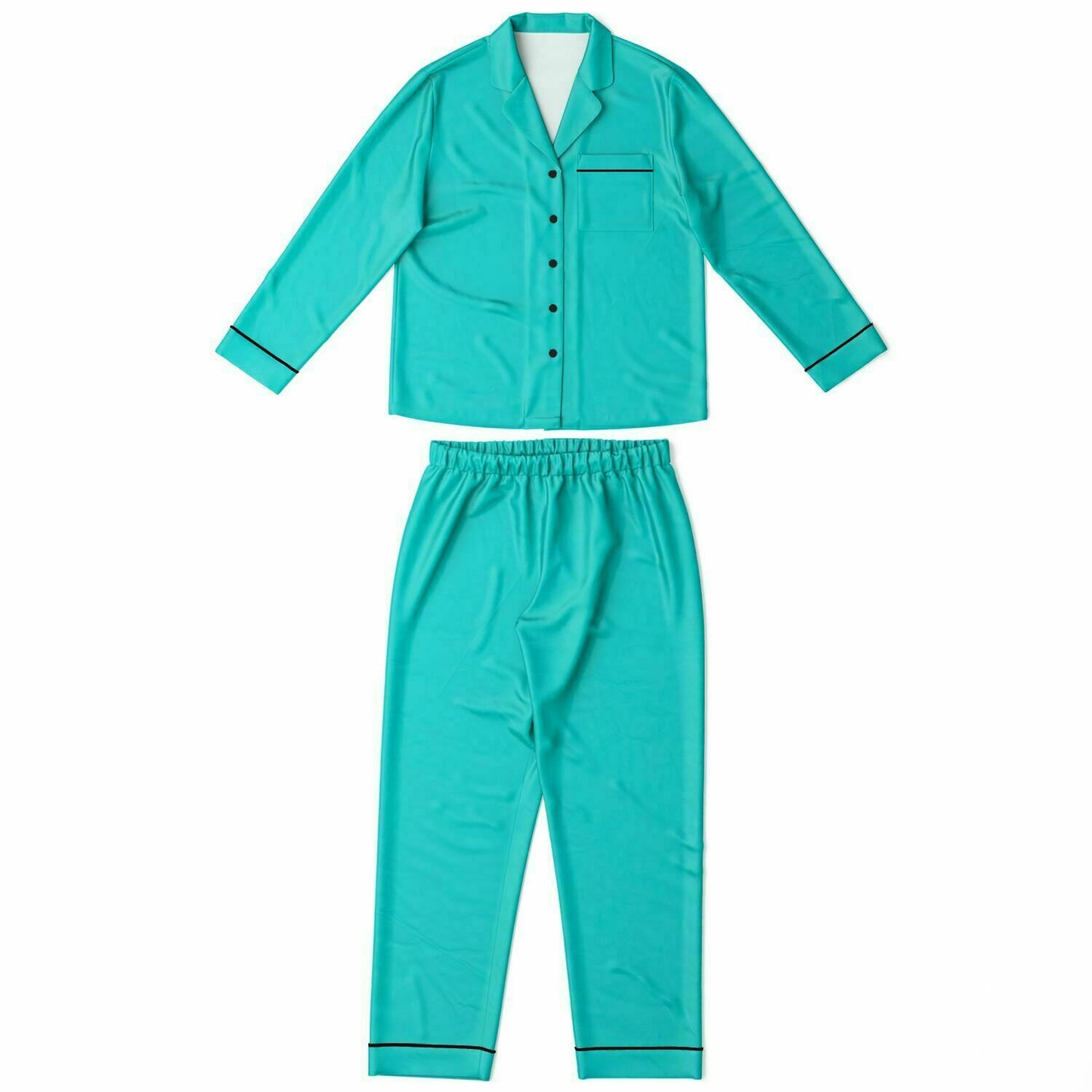 Women's Robin's Egg Luxury Satin Pajama Set with Black Piping, Tiffany Style Pajama Set