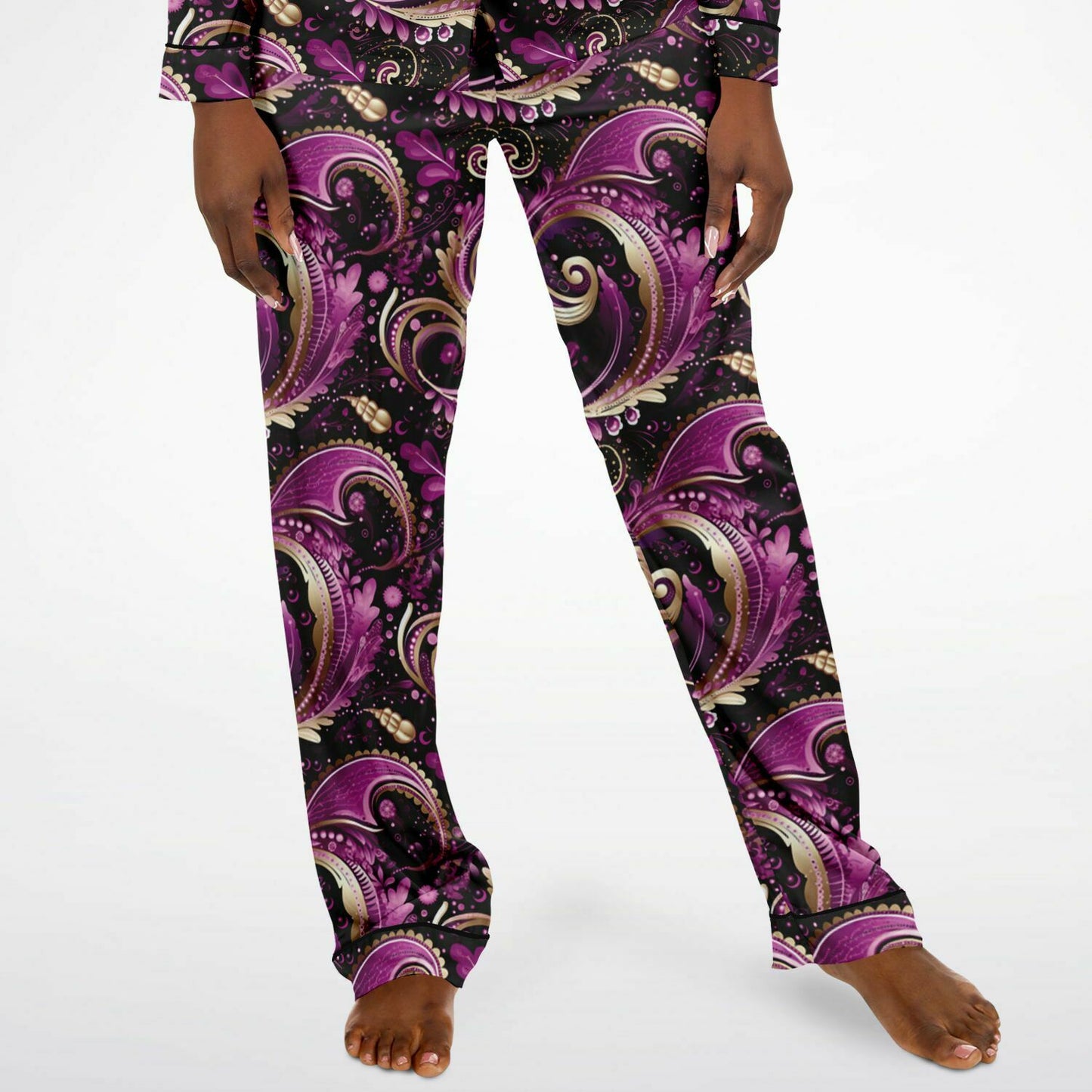 Purple Pink & Gold Paisley Print Women's Satin Pajamas, Boho Chic Purple Women's Pajama Set