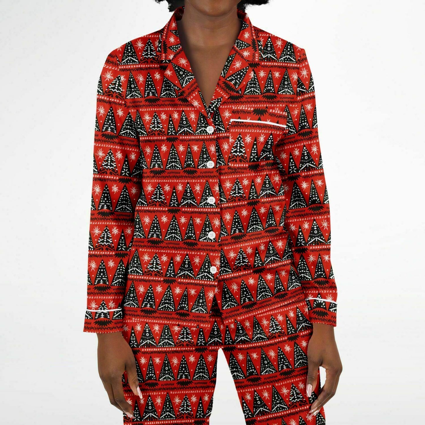 Women's African Print Christmas Tree Satin Pajama Set | African Print Luxury Sleepwear | Holiday Women's Pajama Set - Ships Free