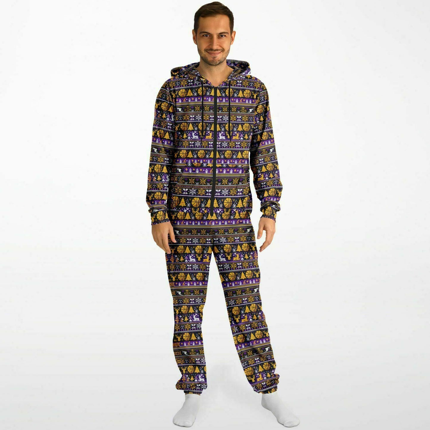 Laker Fan Unisex Holiday Ugly Sweater Adult Jumpsuit | Adult Holiday Onesie | Plus Size Christmas Jumpsuits - Ships Free