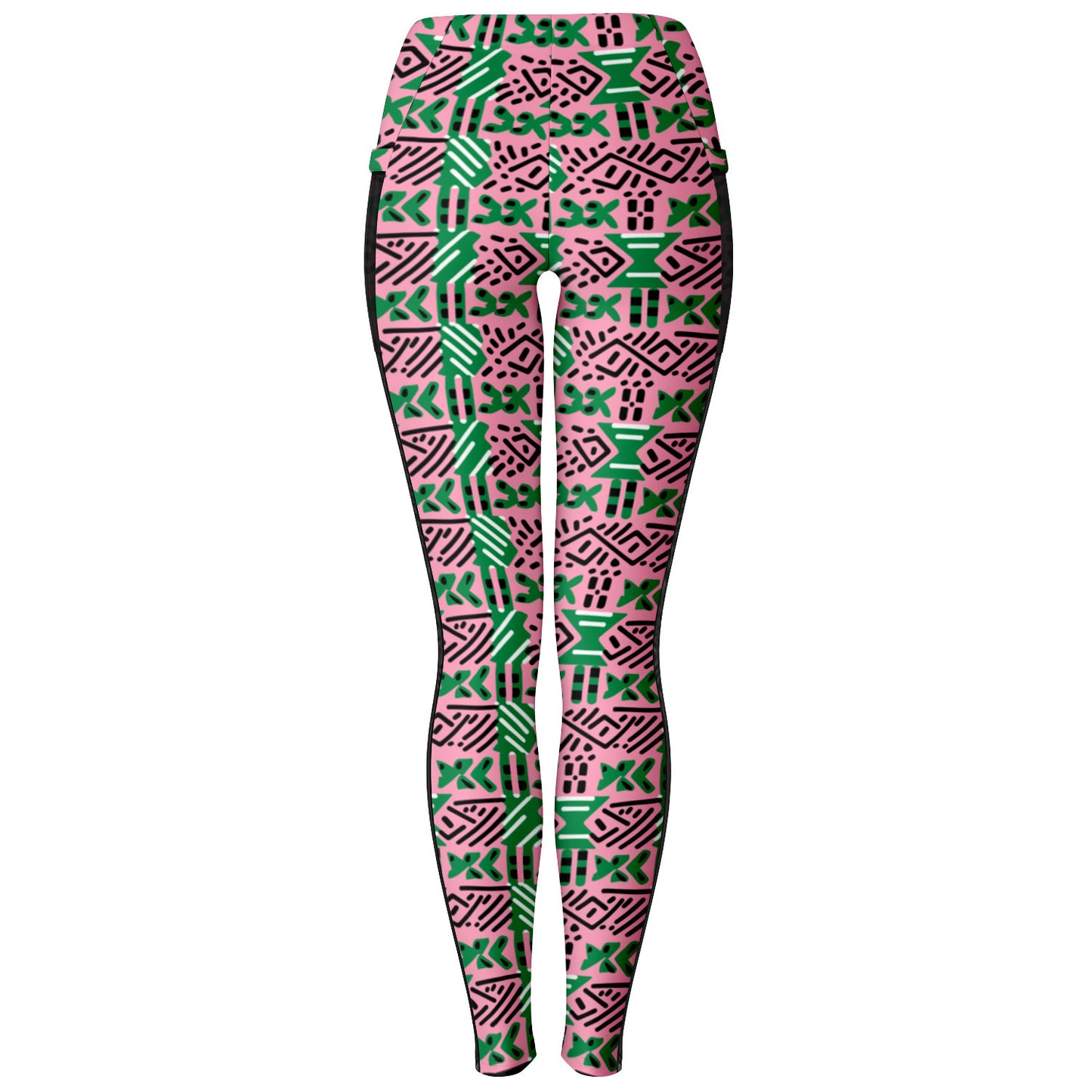 AKA Pink & Green Sorority Inspired African MudCloth Mesh Pocket Leggings, African Print Women's Athletic Wear