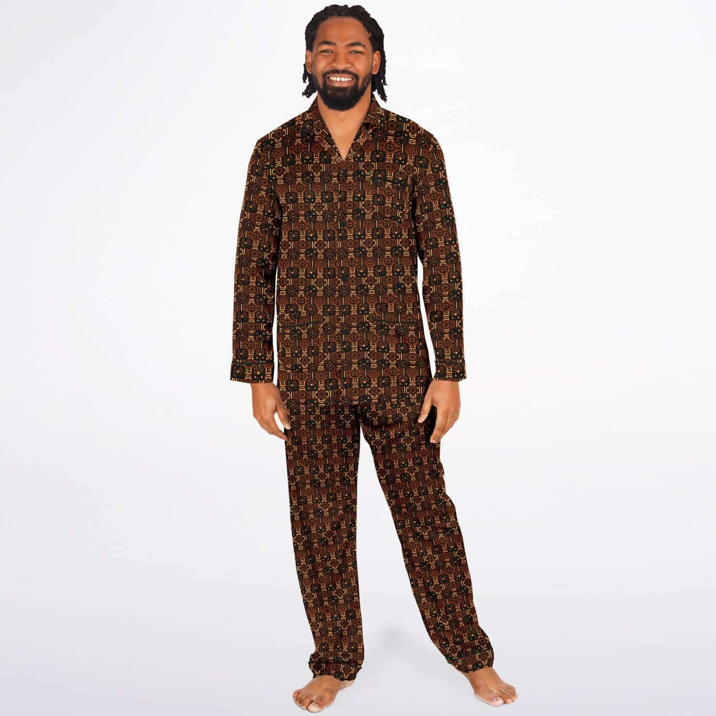 Brown African Wax Print  Men's Satin Pajama Set | Adinkra Symbols African Print' Big & Tall Satin Cozy Men's Loungewear