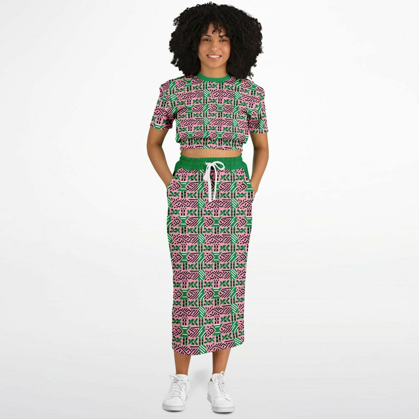 AKA Pink & Green Sorority Mud Cloth Print Skirt Set , Versatile Women's African Inspired Fashion