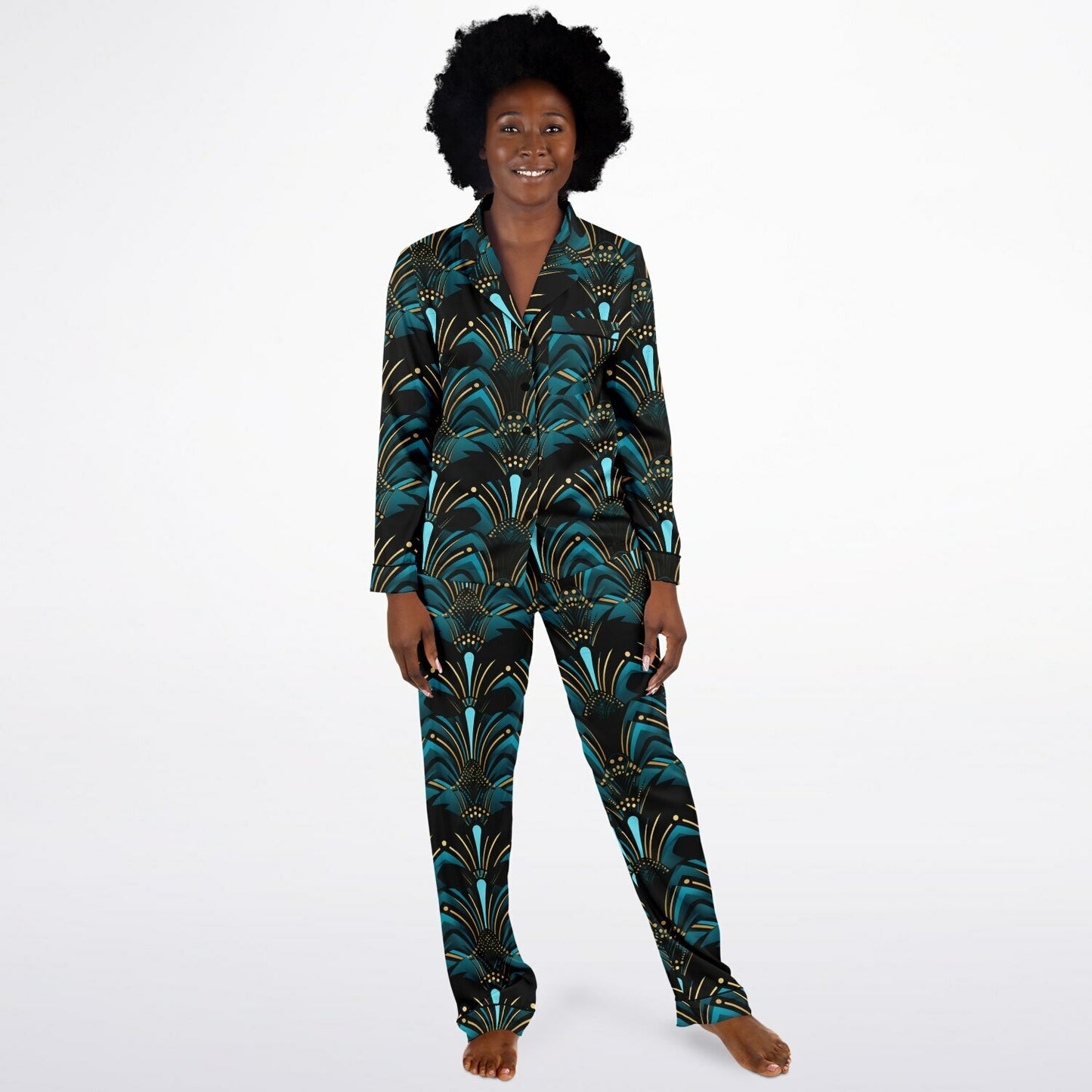 Zanzibar Blue & Ebony Black African Print Satin Pajama Set, Plus Size Nightwear for Women