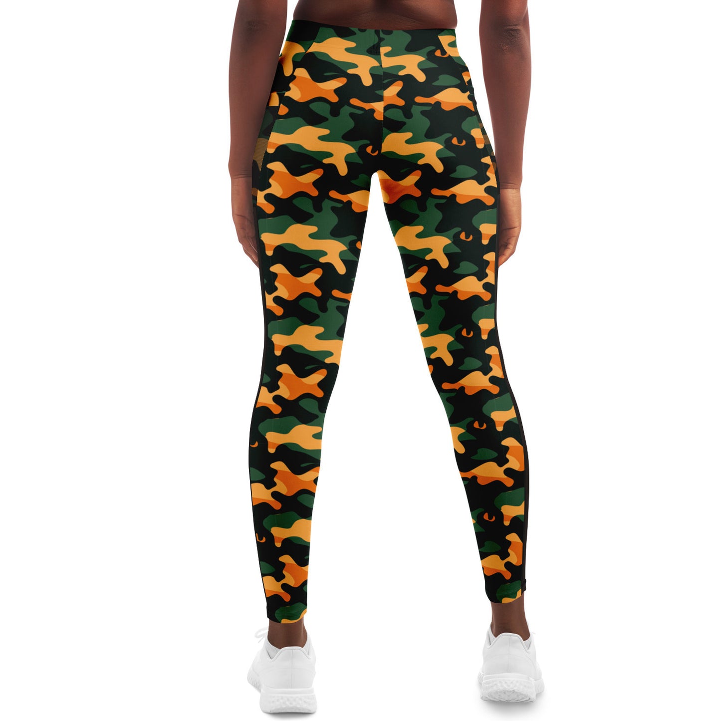 Urban Jungle Camo Women's Mesh Pocket Leggings - Trendy Orange and Green Workout Gear