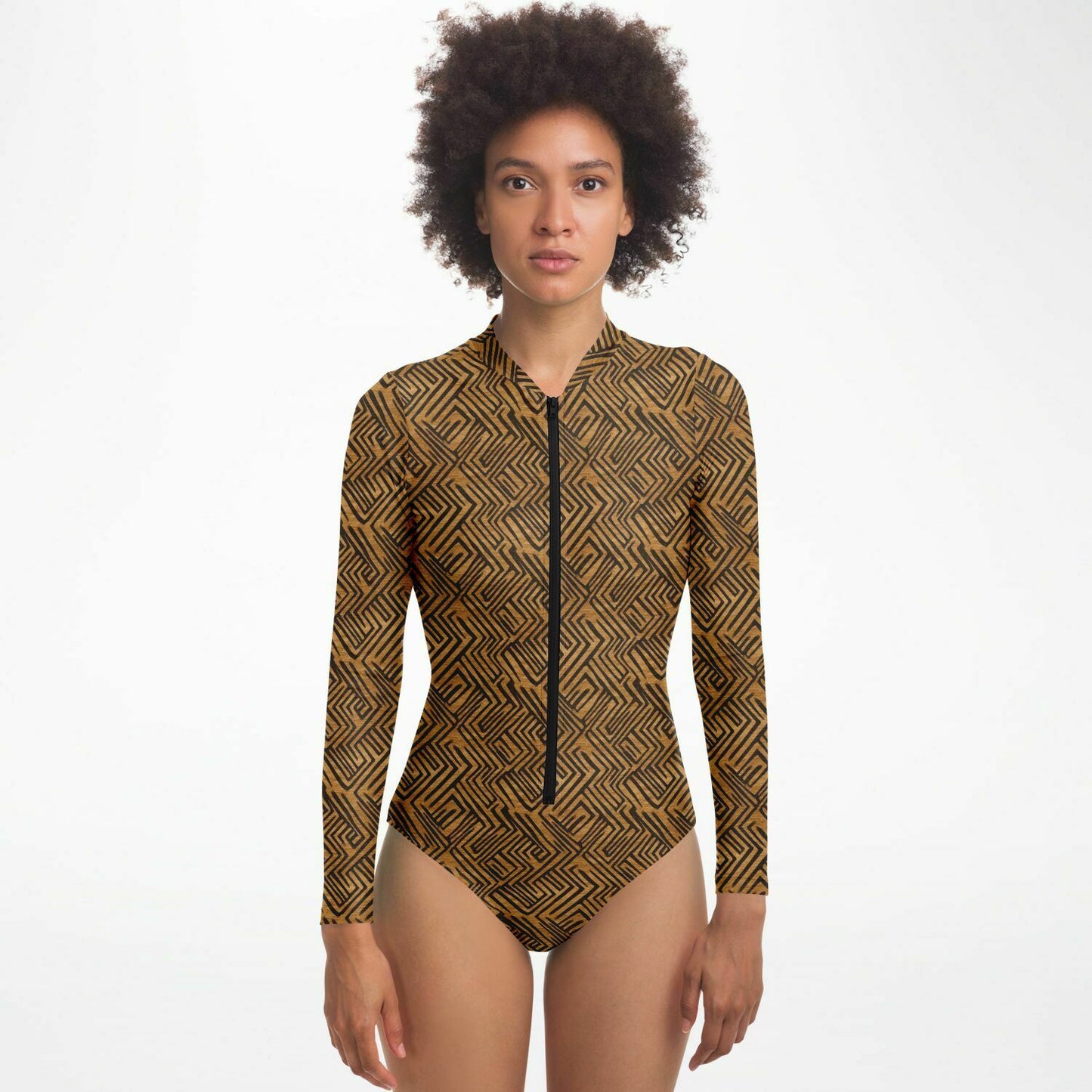 Brown & Black African Mud Cloth Women's Long Sleeve Bodysuit | African-Inspired Fashion | Comfortable African Print Activewear - Ships Free