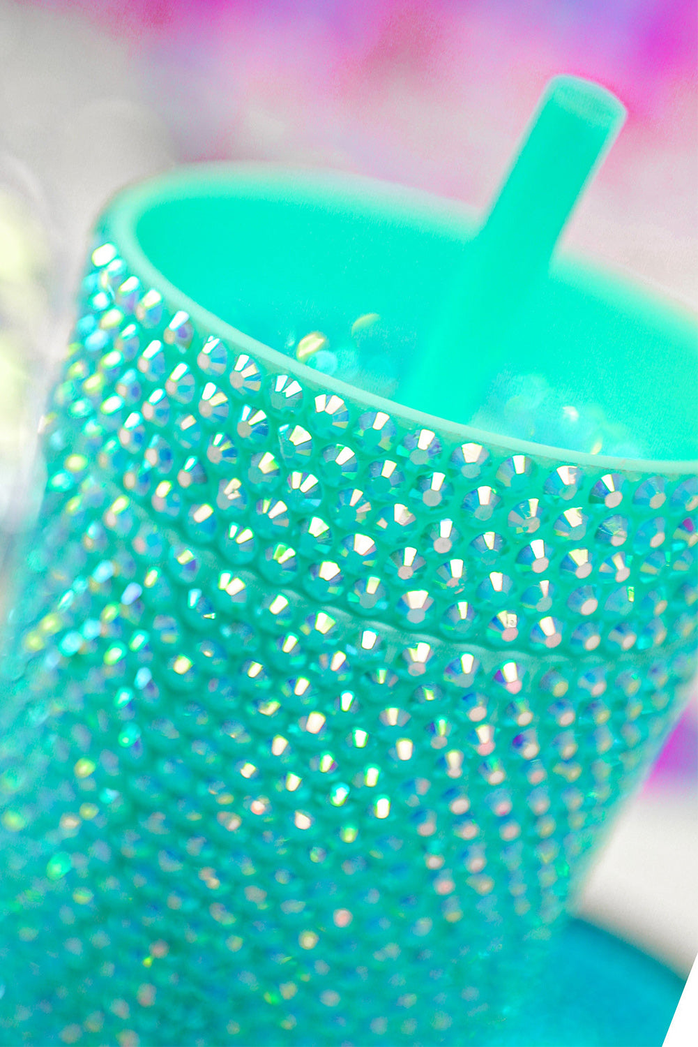 Glamorous Green Rhinestone-Embellished Travel Cup with Straw - Compact, Durable & Safe PP Material