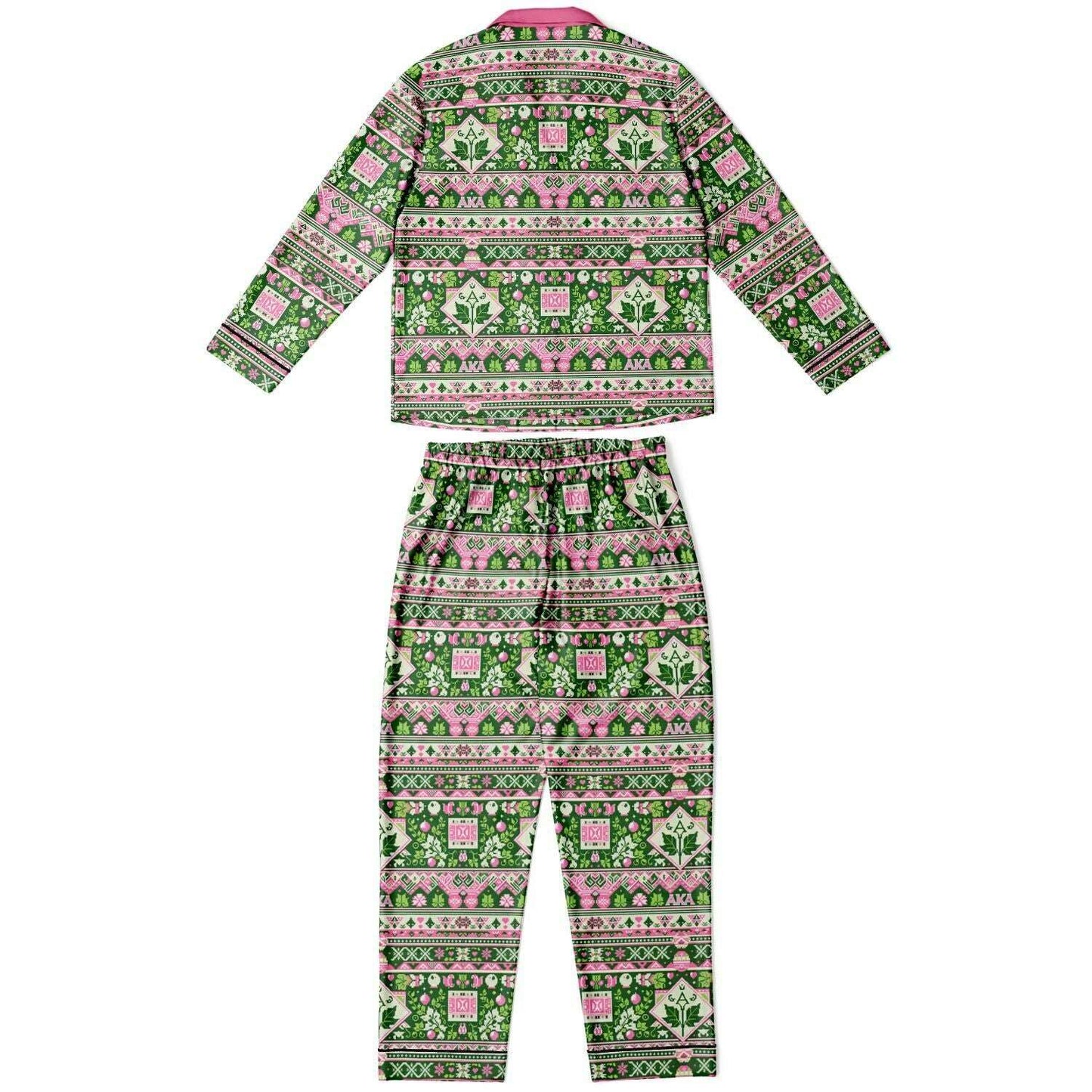 AKA Sorority Pink and Green Women's Satin Pajamas, AKA Themed Women's Holiday Themed 2 Piece Pajamas