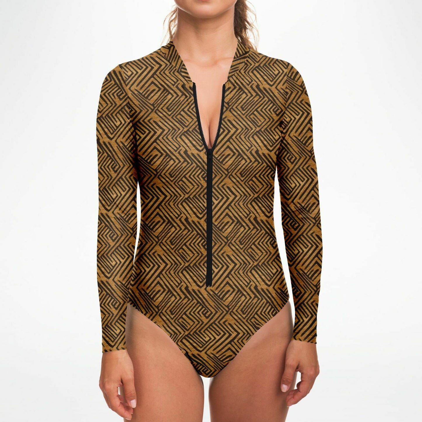 Brown & Black African Mud Cloth Women's Long Sleeve Bodysuit | African-Inspired Fashion | Comfortable African Print Activewear - Ships Free