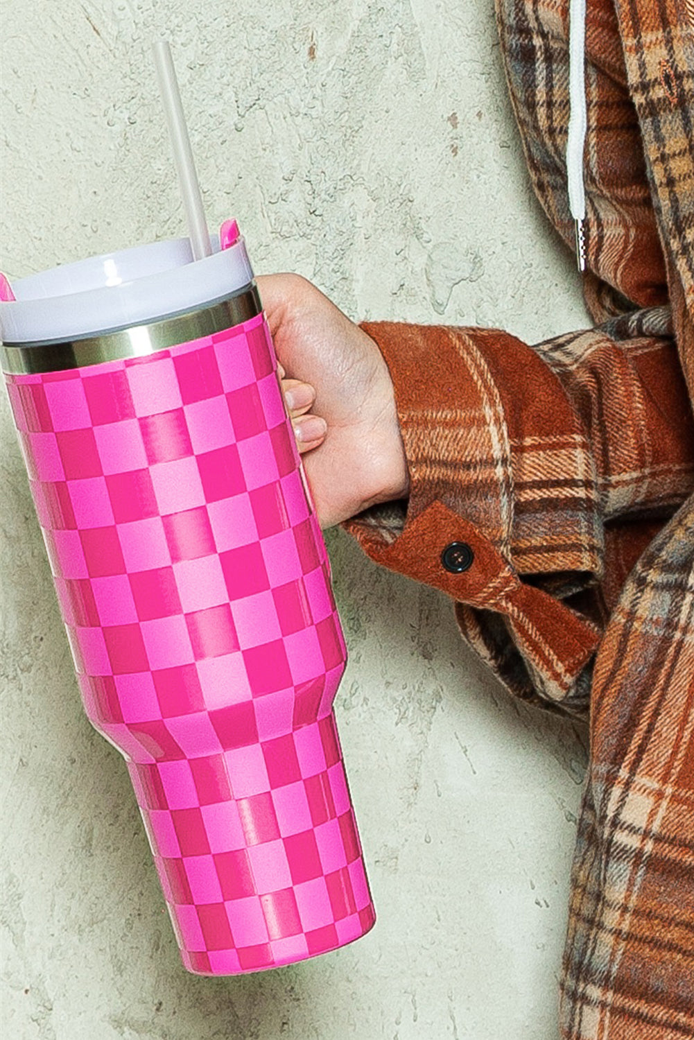 Bright Pink Checkered Print 40oz Stainless Steel Tumbler Cup with Handle - Durable & Temperature Retaining