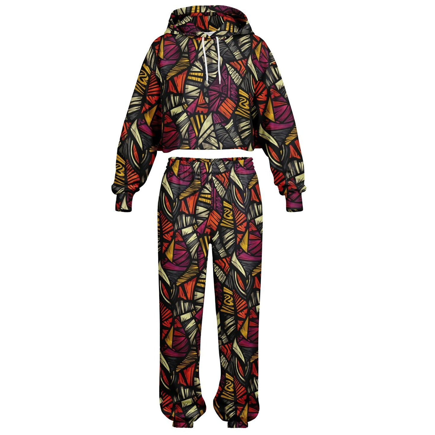 Women's African Kente Cloth Pattern Athletic Hoodie & Jogger Set , Urban Graffiti-Style Streetwear