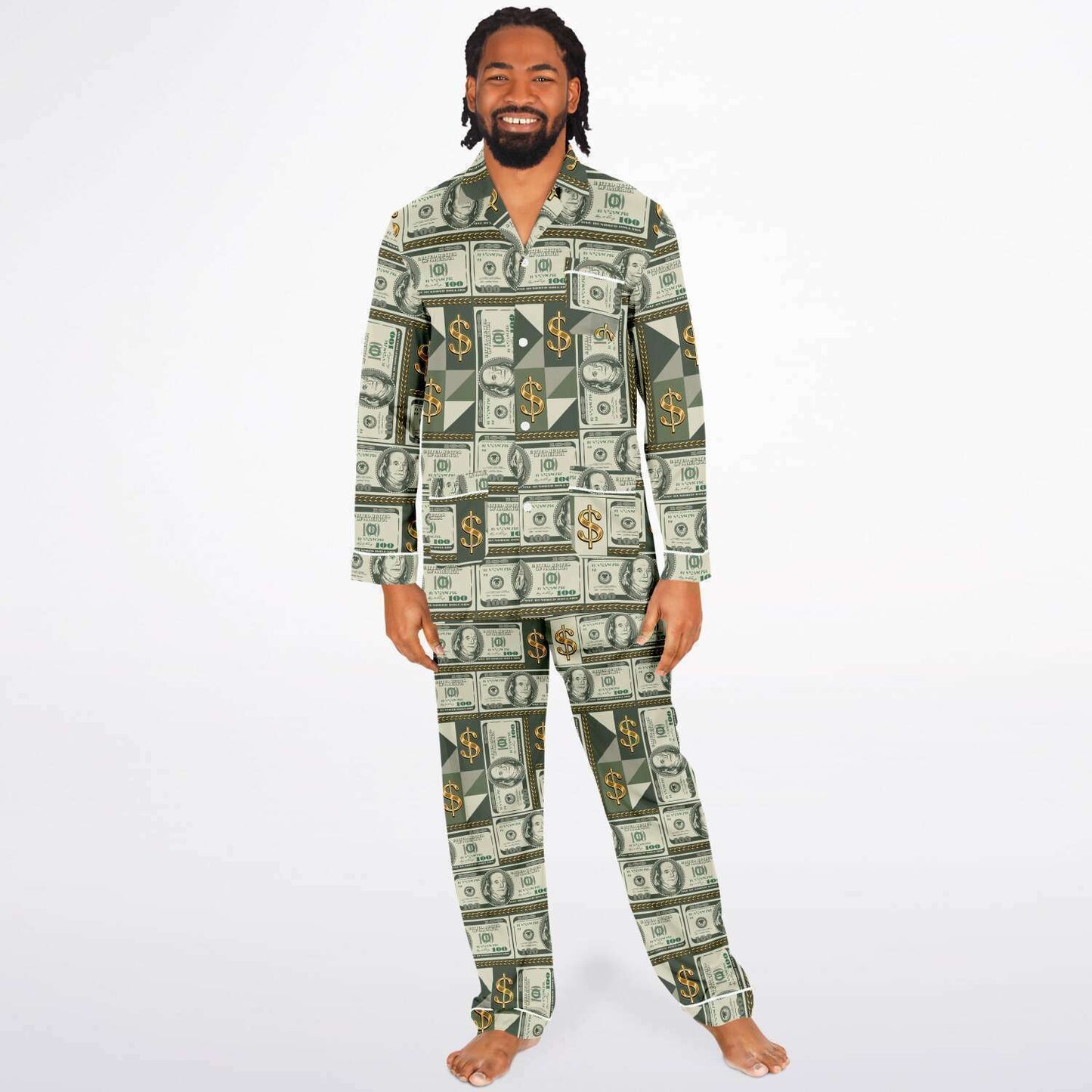 Money Manifestation Satin Luxury Pajamas for Men, Plus Size Money Print Mens Loungewear