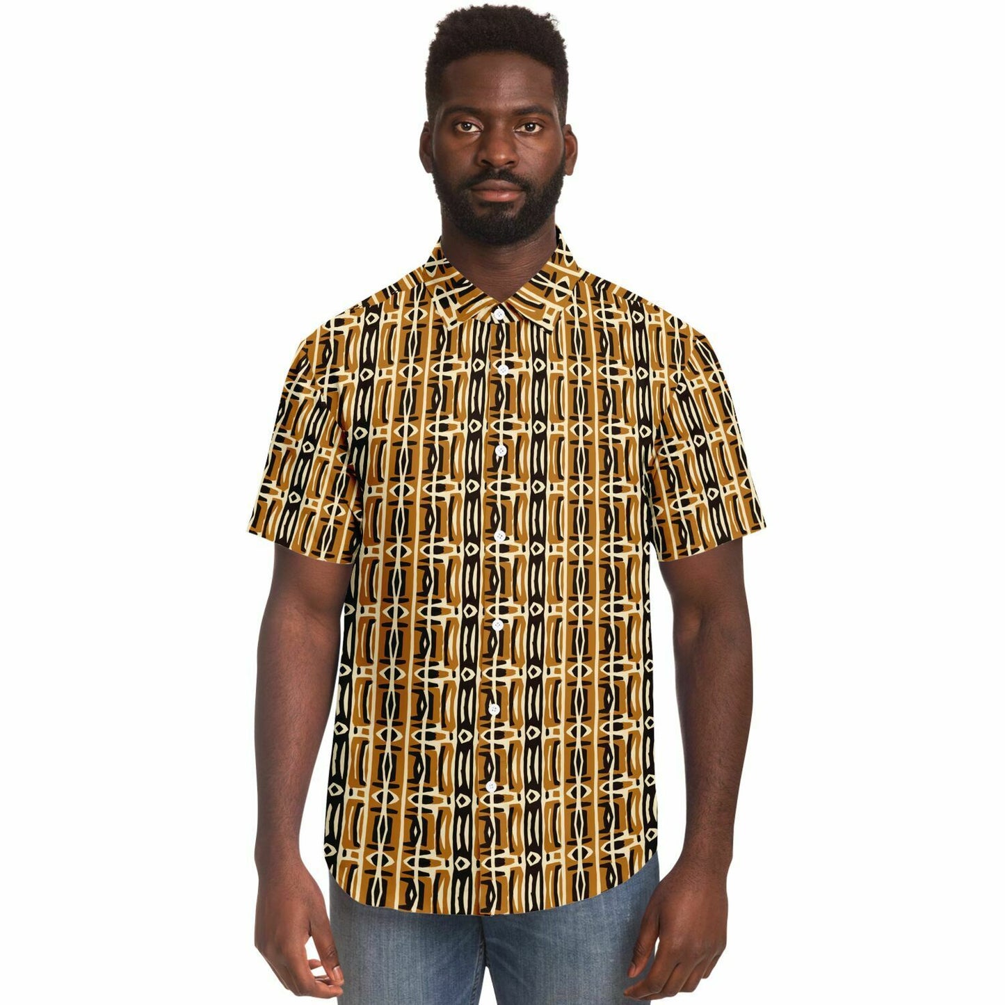 Brown & Cream African MudCloth Mens Button Down Shirt | Ethnic Print Men's Fashion