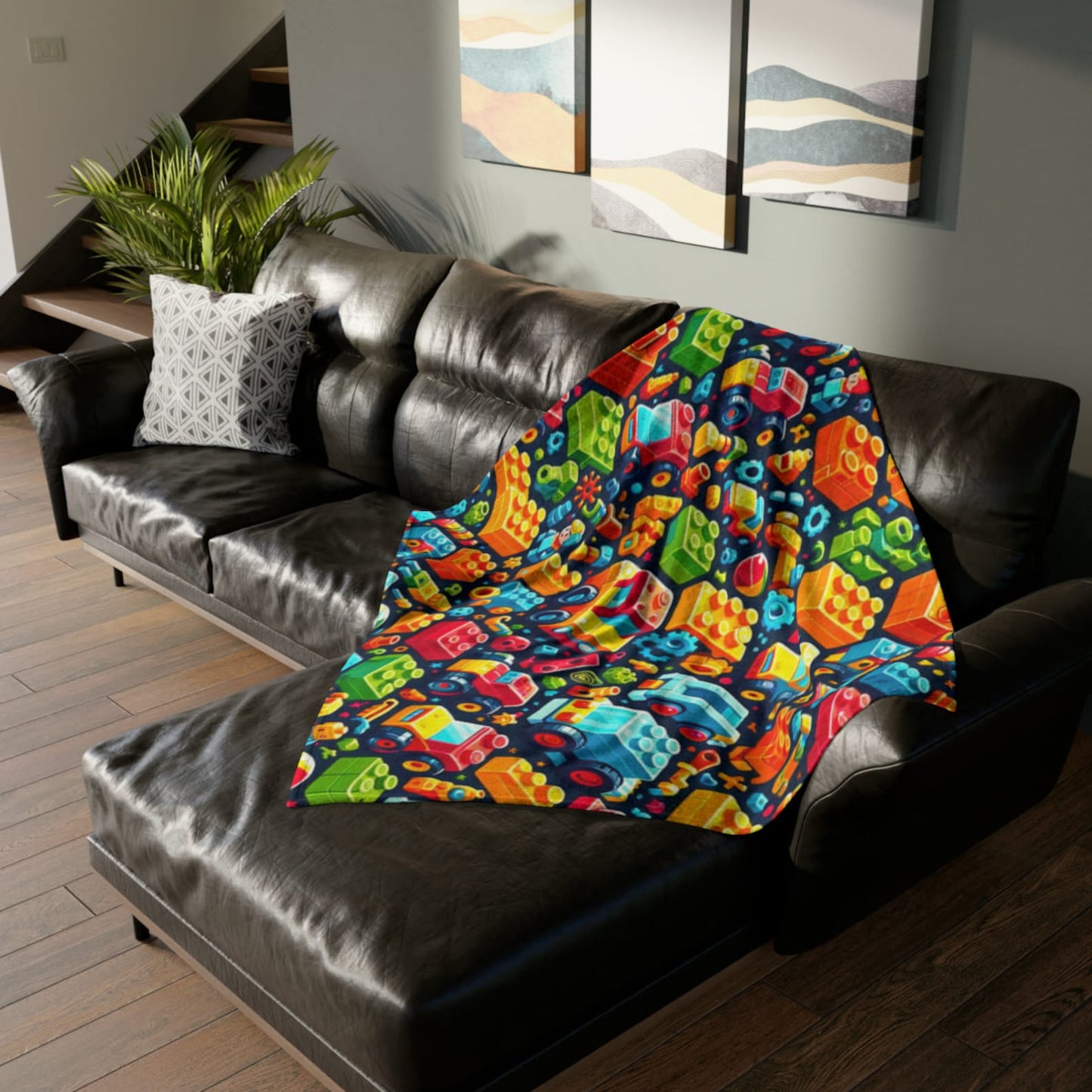 Colorful Building Block Pattern Throw Cover, Children's Car Themed Bedding