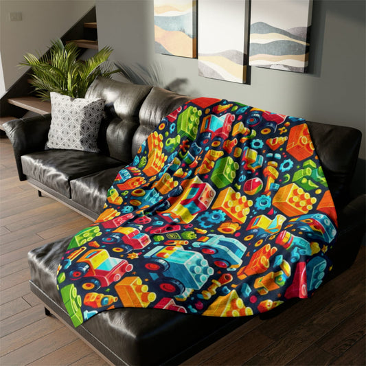 Colorful Building Block Pattern Throw Cover, Children's Car Themed Bedding