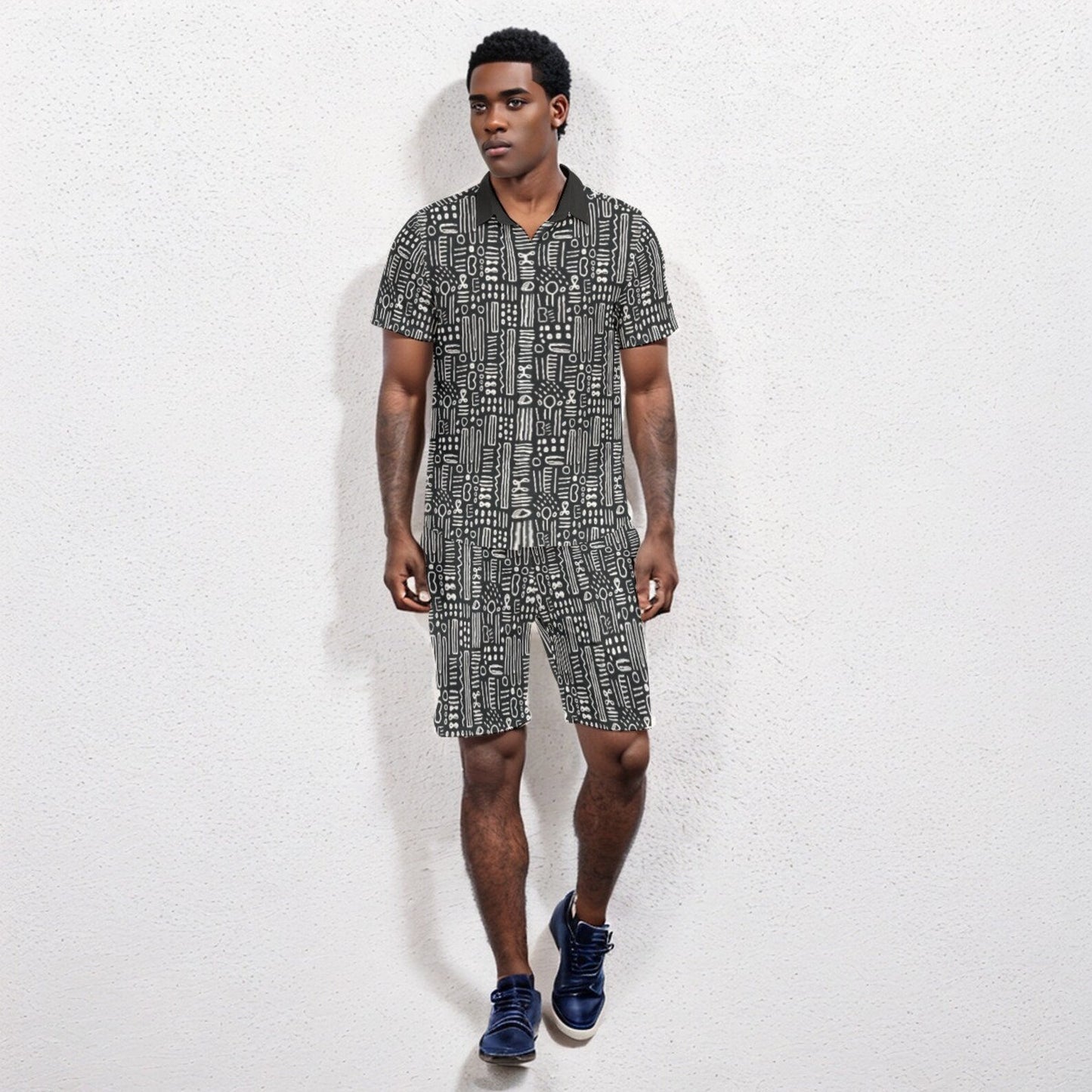 Black & White Mens African Mud Cloth Print Short Set, Mens 2-Piece Bogolan Summer Outfit