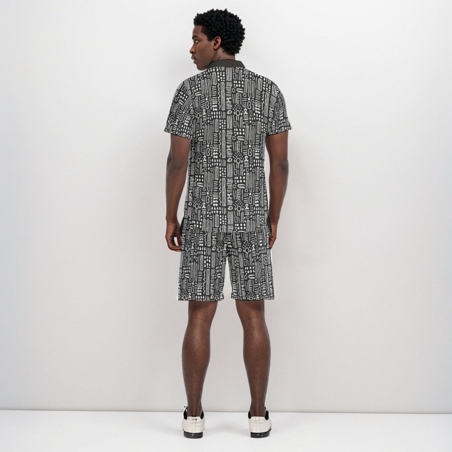 Black & White Mens African Mud Cloth Print Short Set, Mens 2-Piece Bogolan Summer Outfit