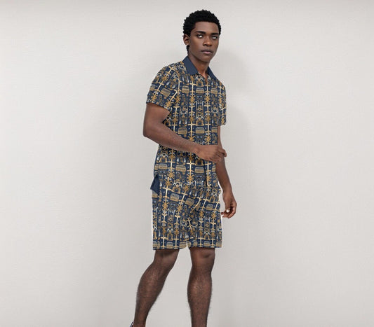 Midnight Gold Adinkra Men's Two-Piece Short Set, Culturally Rich & Stylish Mens Ensemble