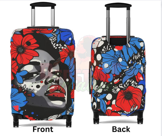 Afrocentric Floral Portrait Luggage Cover, Pop Art Streetwear Black Queen Suitcase Protector