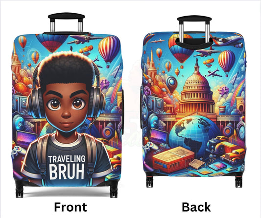 Traveling Bruh Moment Luggage Cover, Black Boy Joy Suitcase Protector