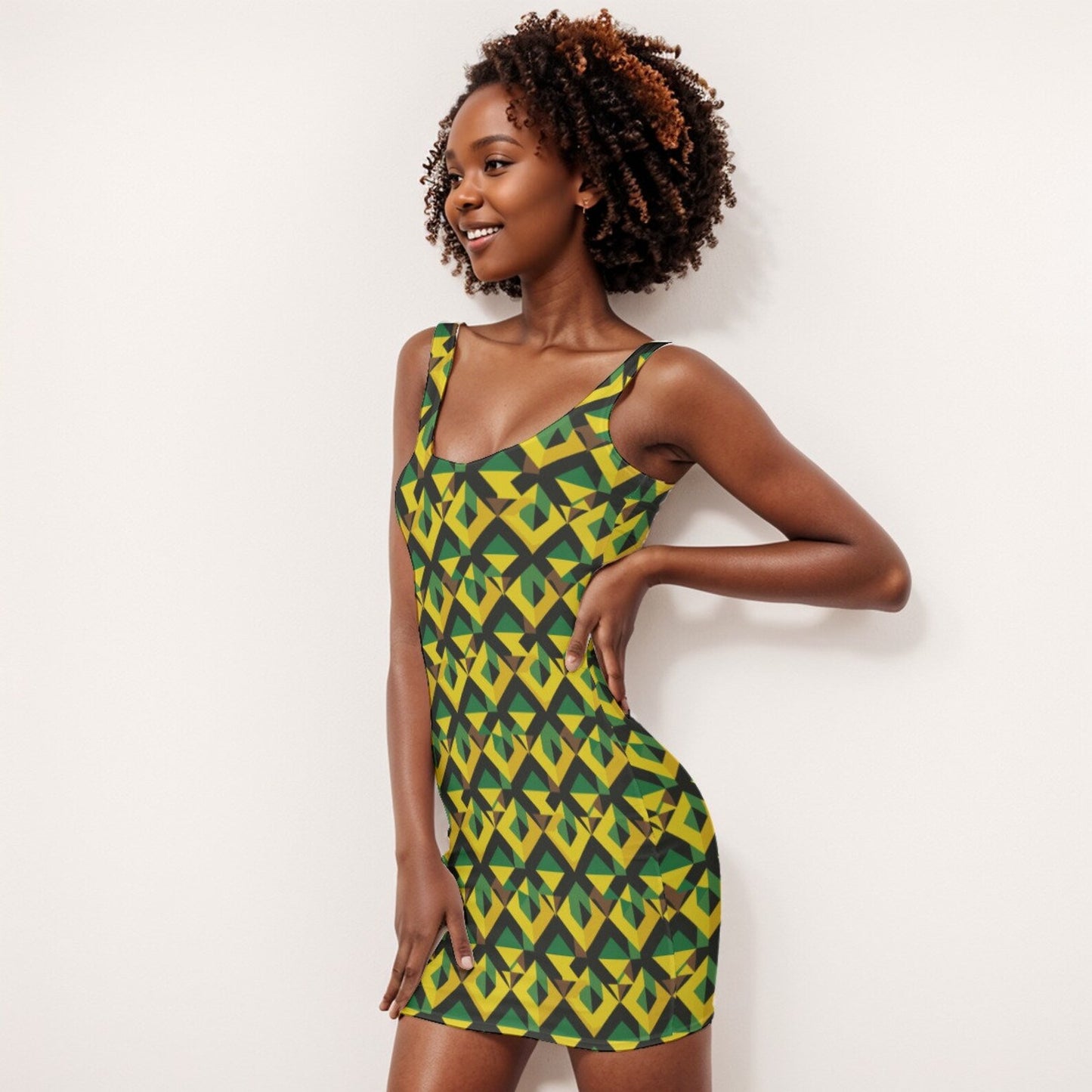 Jamaican Flag Inspired Bodycon Dress, Green, Yellow, and Black Geometric Print Caribbean Themed Apparel,