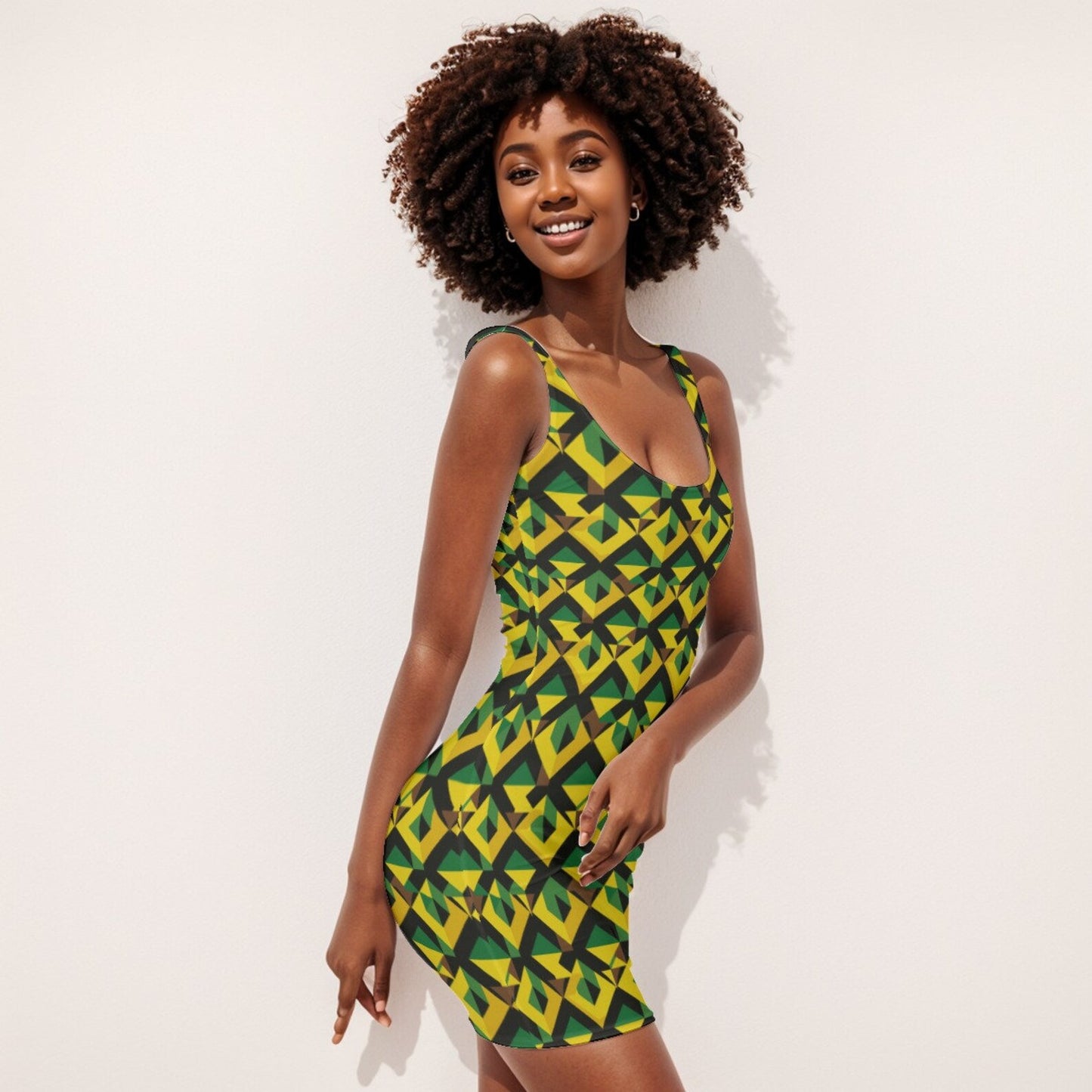 Jamaican Flag Inspired Bodycon Dress, Green, Yellow, and Black Geometric Print Caribbean Themed Apparel,