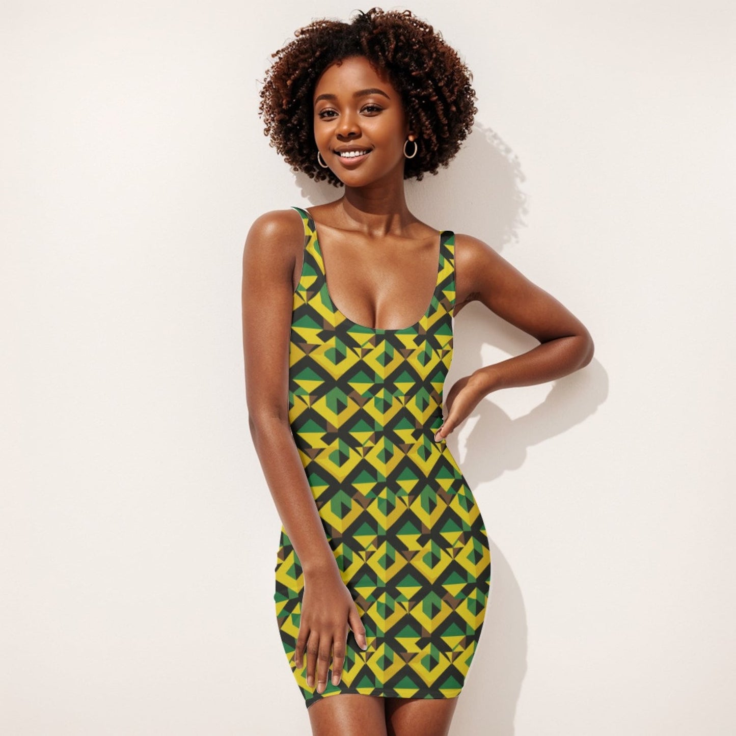 Jamaican Flag Inspired Bodycon Dress, Green, Yellow, and Black Geometric Print Caribbean Themed Apparel,