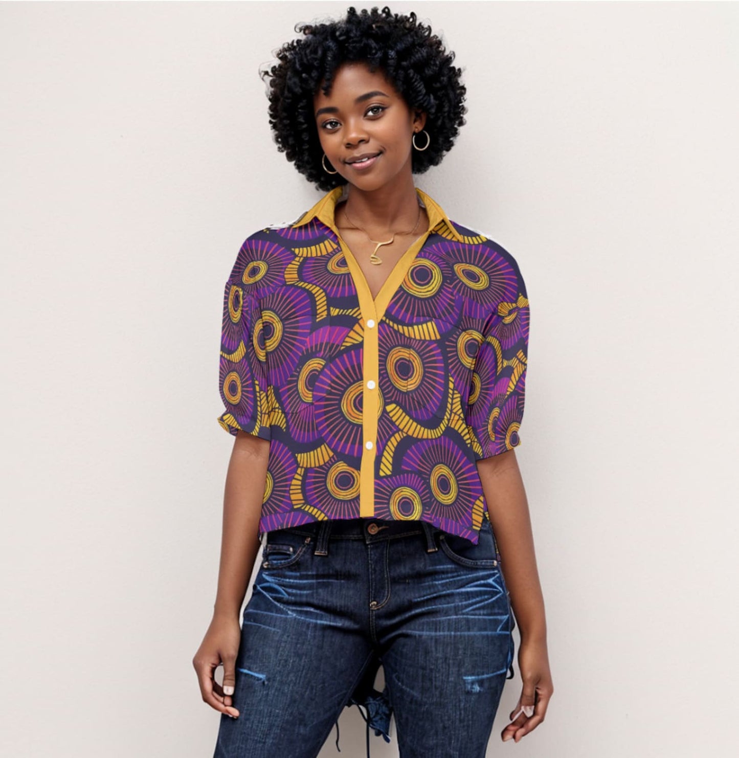 Vibrant African Print Women's V-Neck Shirt - Purple &amp; Orange Loose Fit Blouse