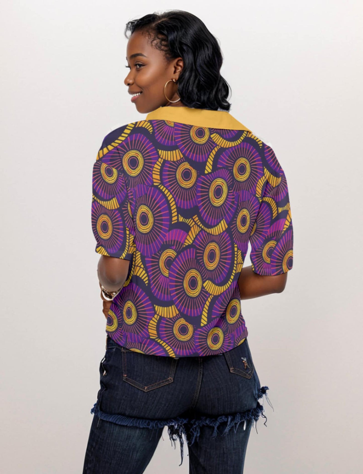 Vibrant African Print Women's V-Neck Shirt - Purple &amp; Orange Loose Fit Blouse