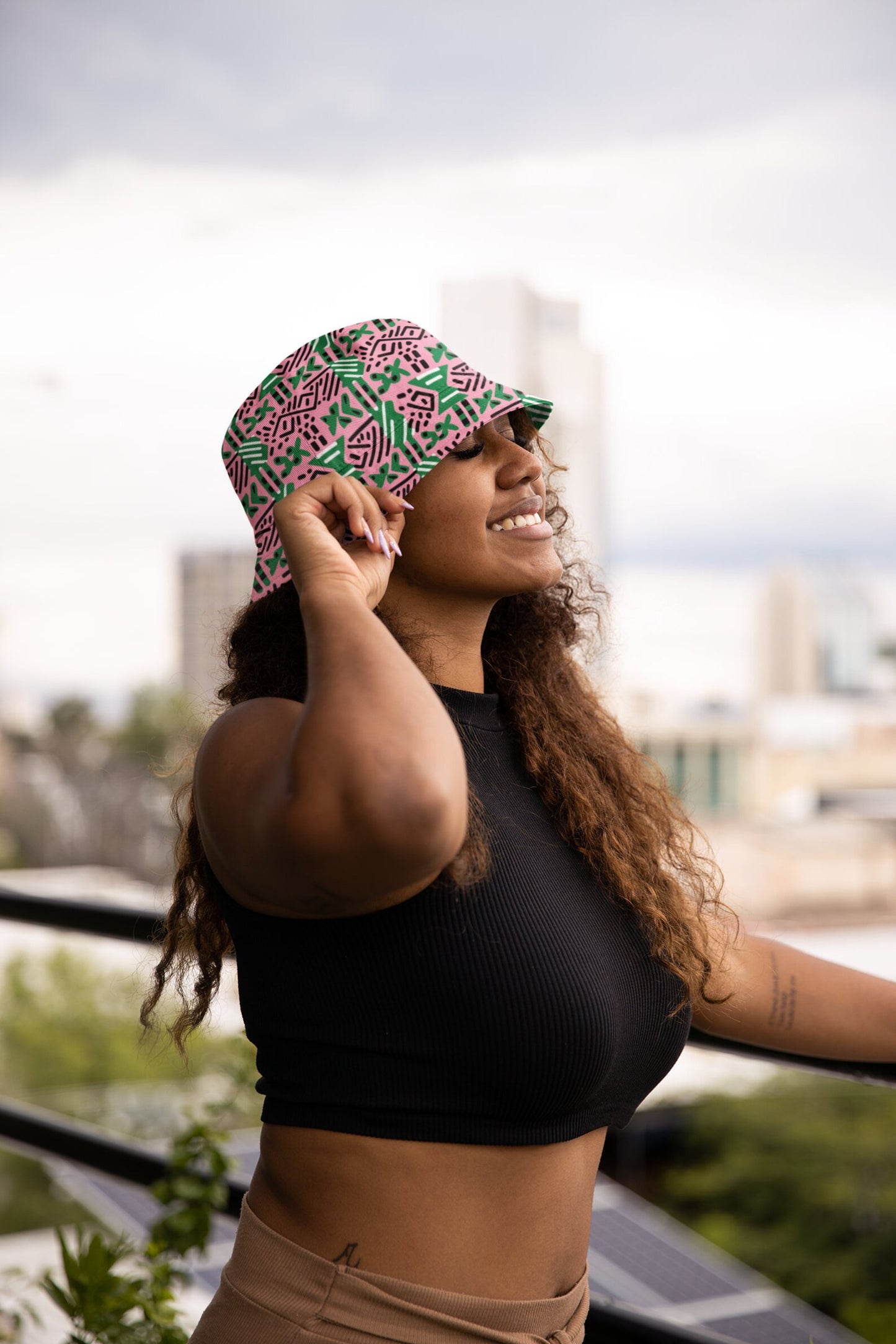 African Mud Cloth Bucket Hat, AKA Sorority Pink Green Apparel, Cultural Print Fashion