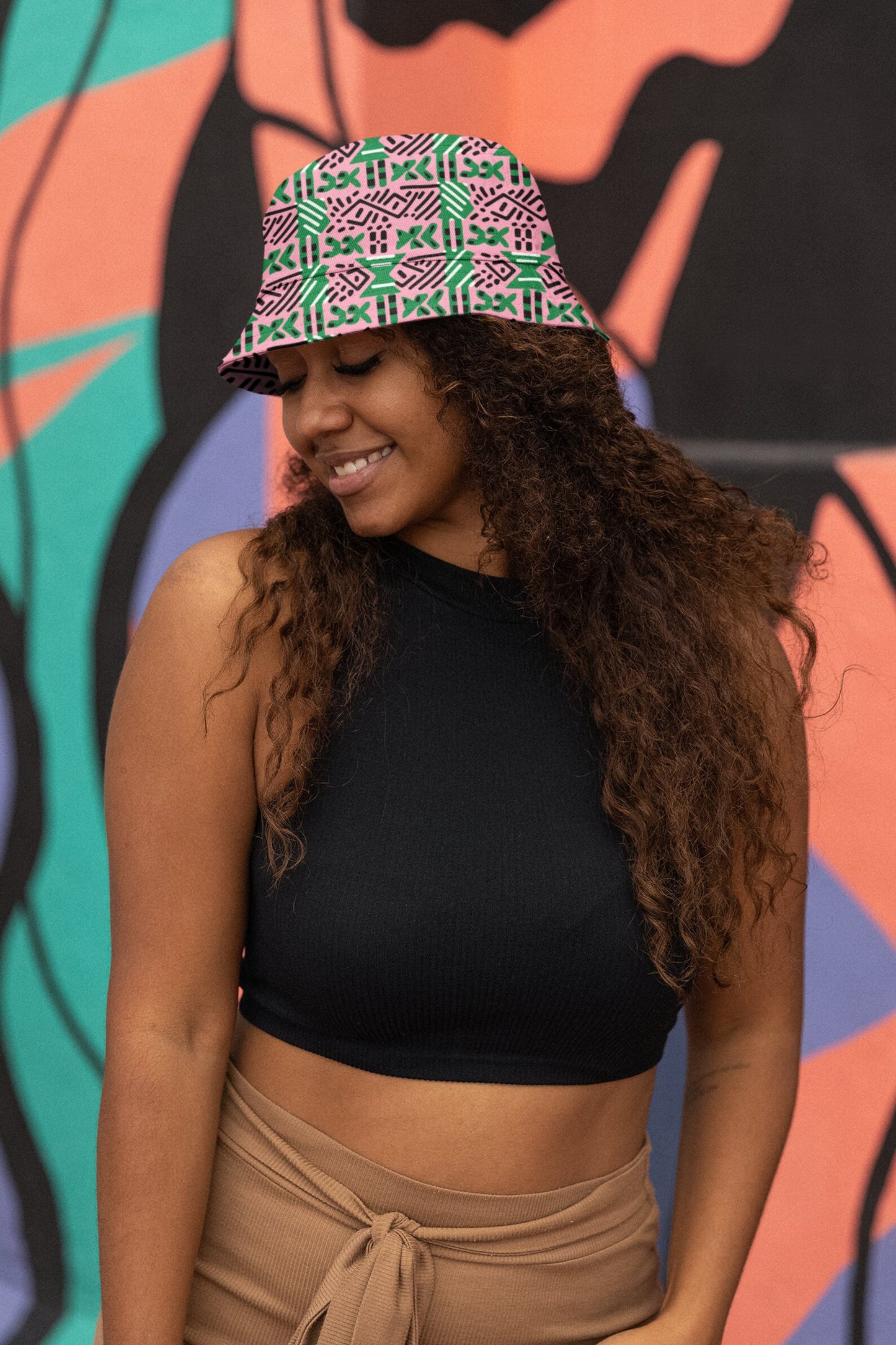 African Mud Cloth Bucket Hat, AKA Sorority Pink Green Apparel, Cultural Print Fashion