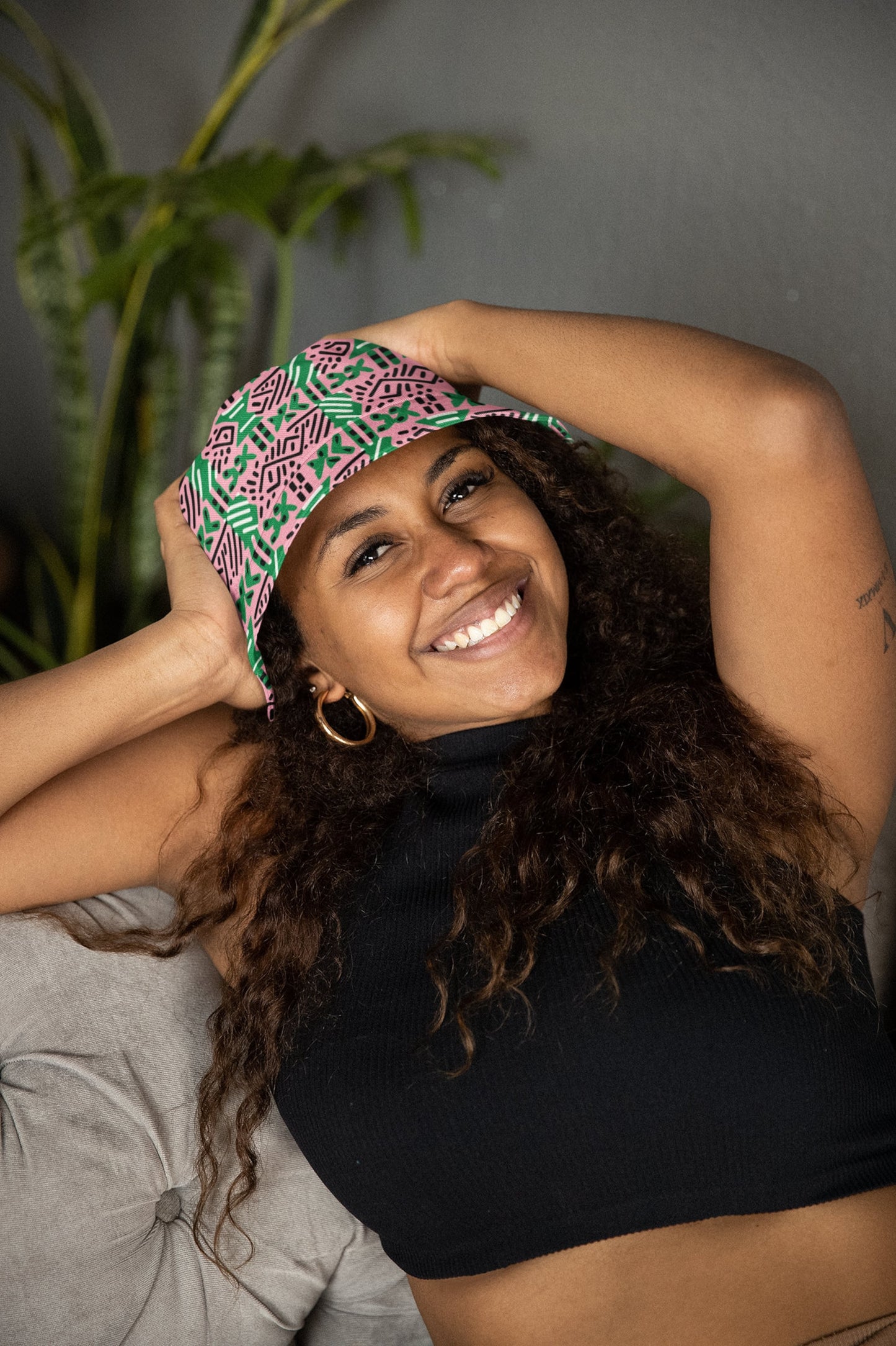 African Mud Cloth Bucket Hat, AKA Sorority Pink Green Apparel, Cultural Print Fashion