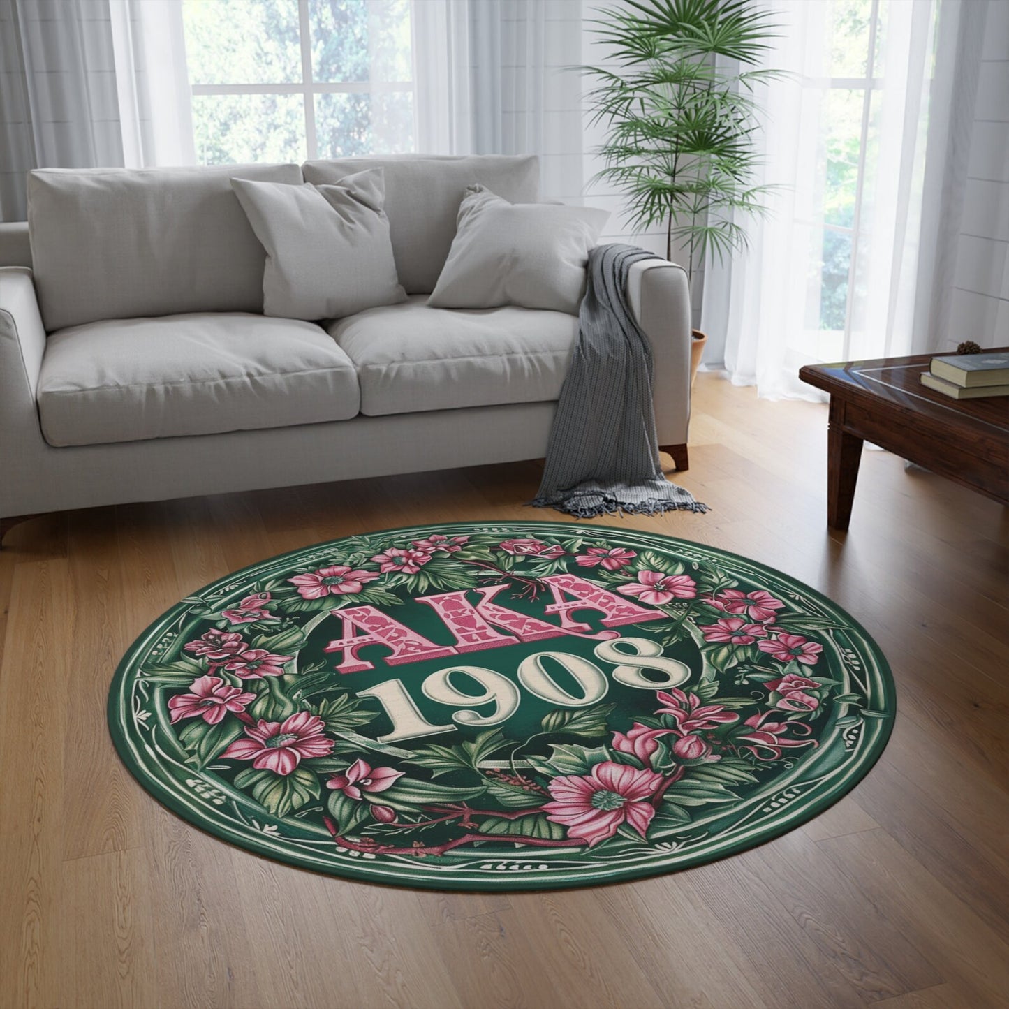 AKA Pink and Green Round Rug, 60" Sorority Sisterhood Decor, Alpha Kappa Alpha, Three Design Choices, Ideal Gift for AKA Sisters