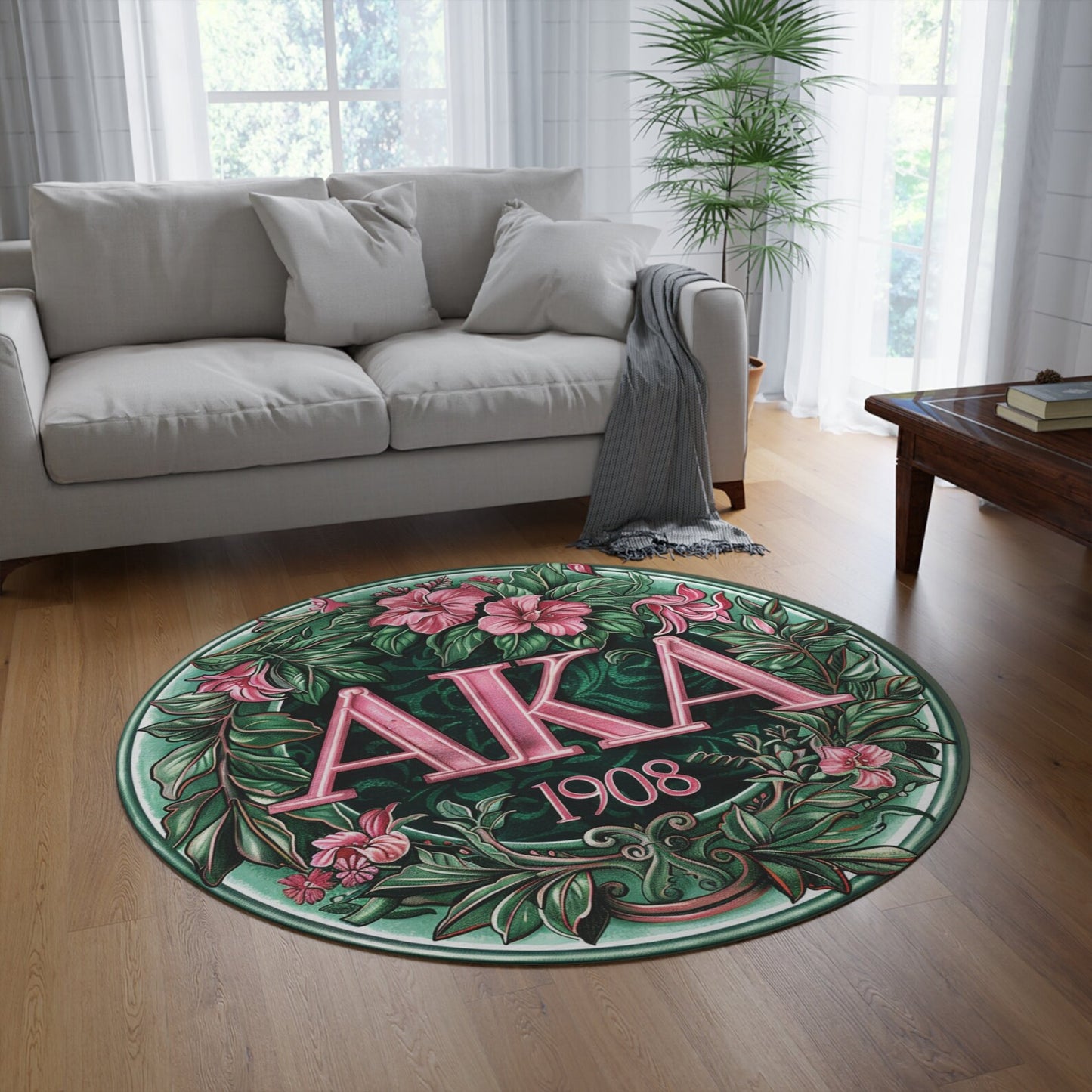 AKA Pink and Green Round Rug, 60" Sorority Sisterhood Decor, Alpha Kappa Alpha, Three Design Choices, Ideal Gift for AKA Sisters