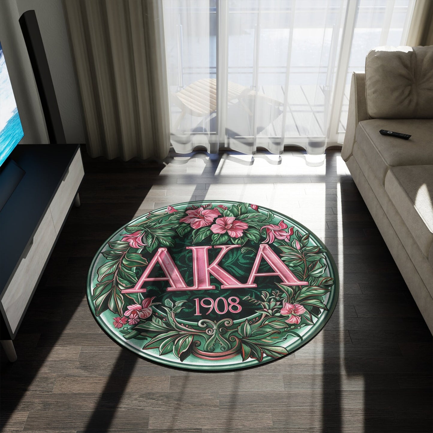 AKA Pink and Green Round Rug, 60" Sorority Sisterhood Decor, Alpha Kappa Alpha, Three Design Choices, Ideal Gift for AKA Sisters