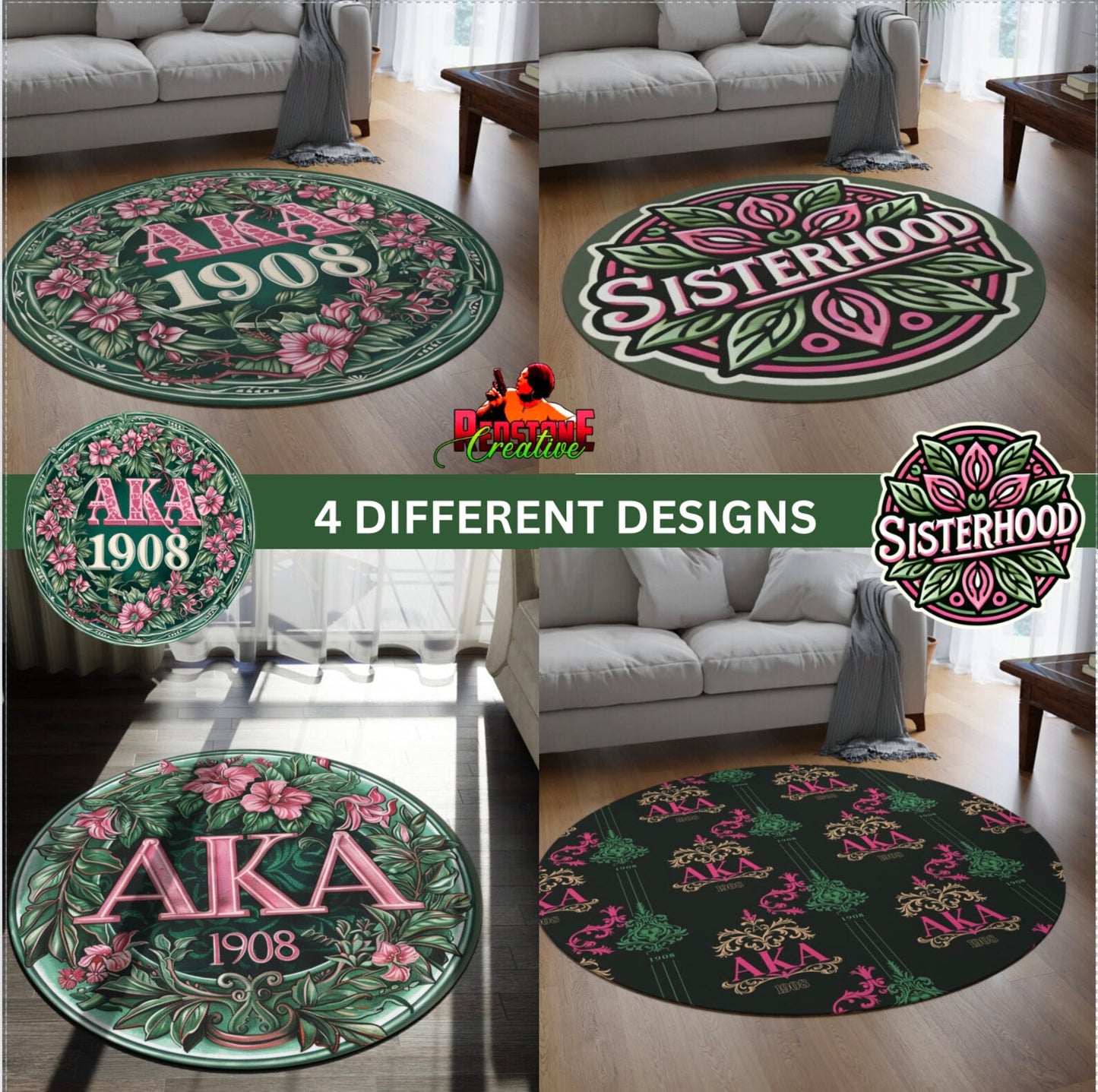 AKA Pink and Green Round Rug, 60" Sorority Sisterhood Decor, Alpha Kappa Alpha, Three Design Choices, Ideal Gift for AKA Sisters