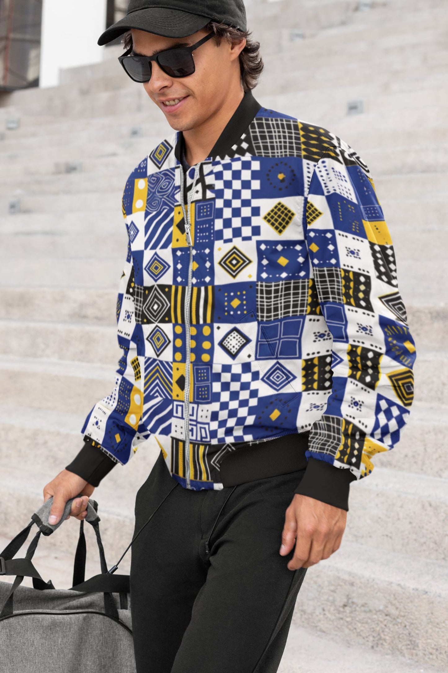 African Tribal Inspired Geometric Bomber Jacket - Vibrant Blue, Yellow, and White Pattern for Men and Women, Modern Streetwear, Sizes XS-5XL