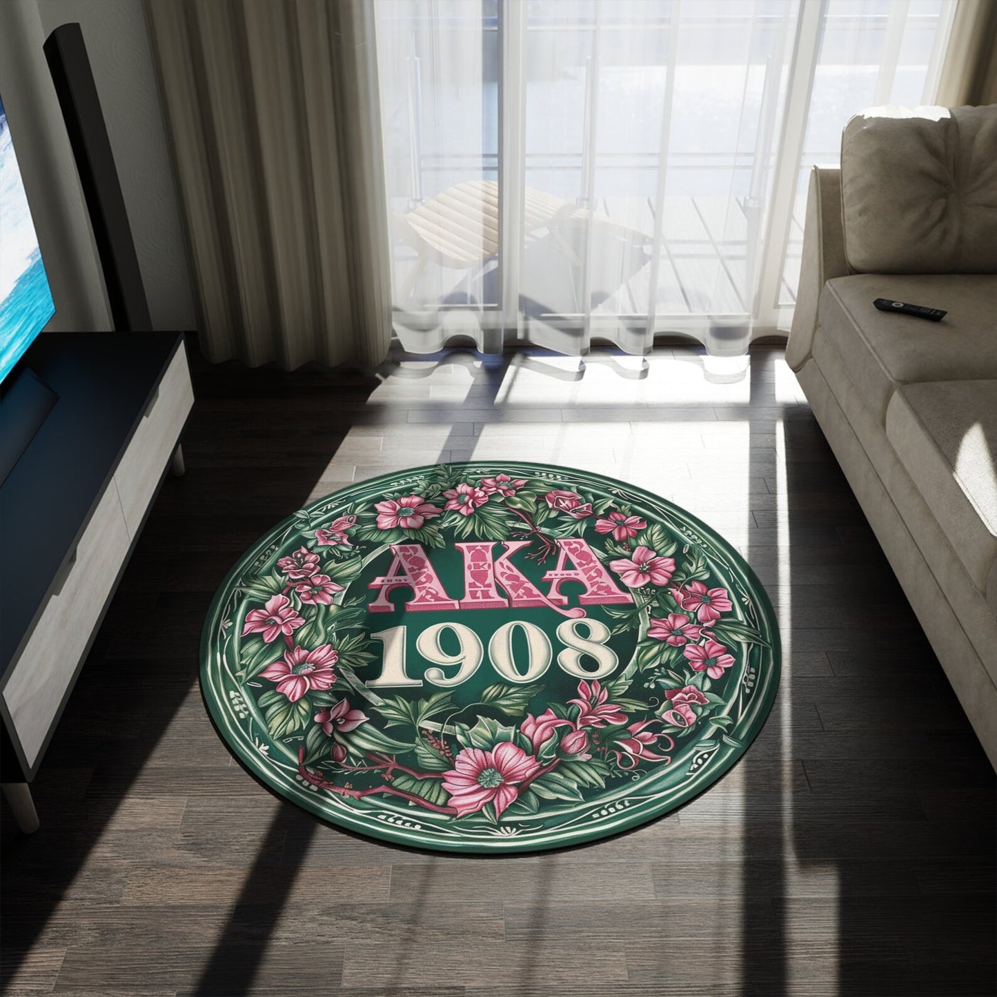 AKA Pink and Green Round Rug, 60" Sorority Sisterhood Decor, Alpha Kappa Alpha, Three Design Choices, Ideal Gift for AKA Sisters