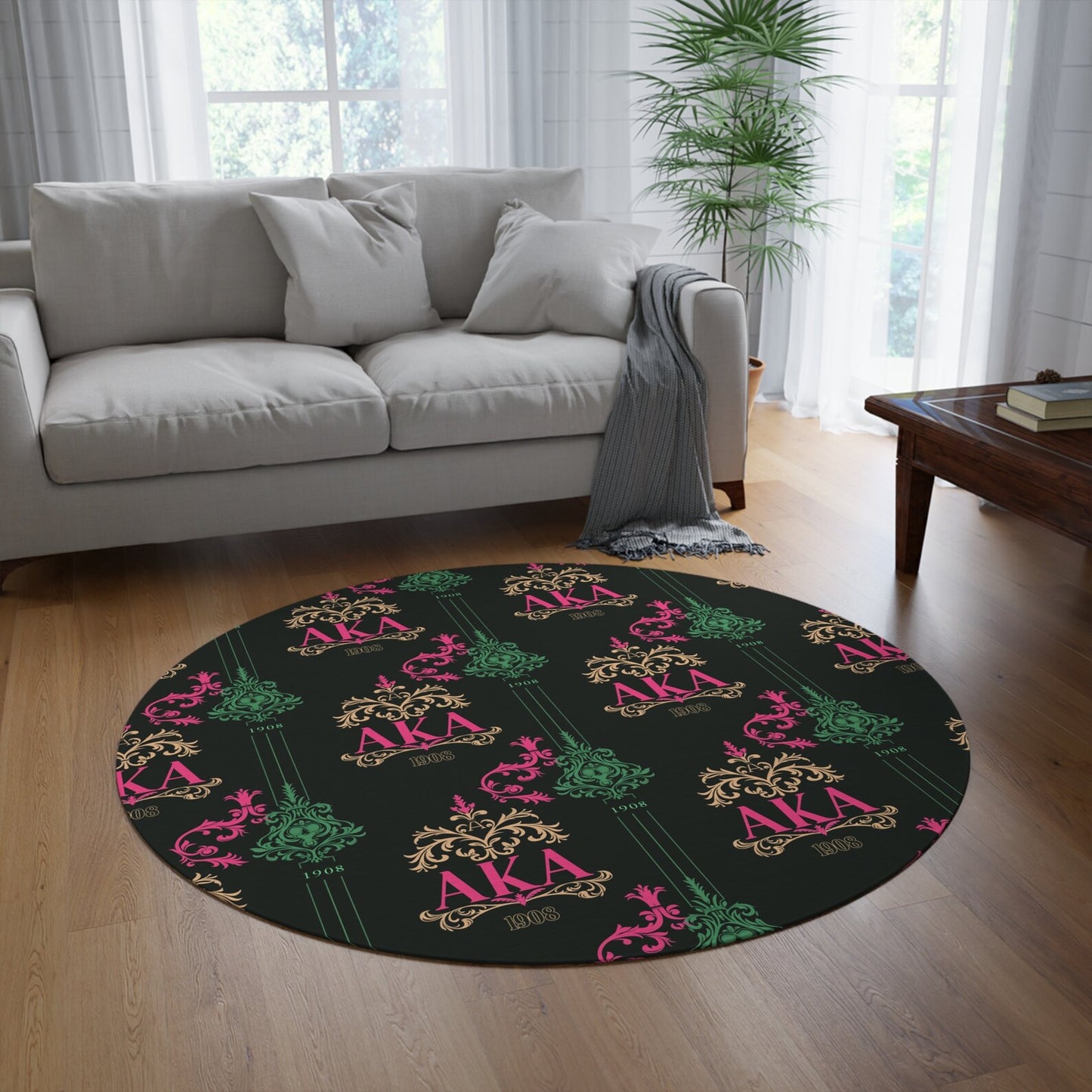 AKA Pink and Green Round Rug, 60" Sorority Sisterhood Decor, Alpha Kappa Alpha, Three Design Choices, Ideal Gift for AKA Sisters